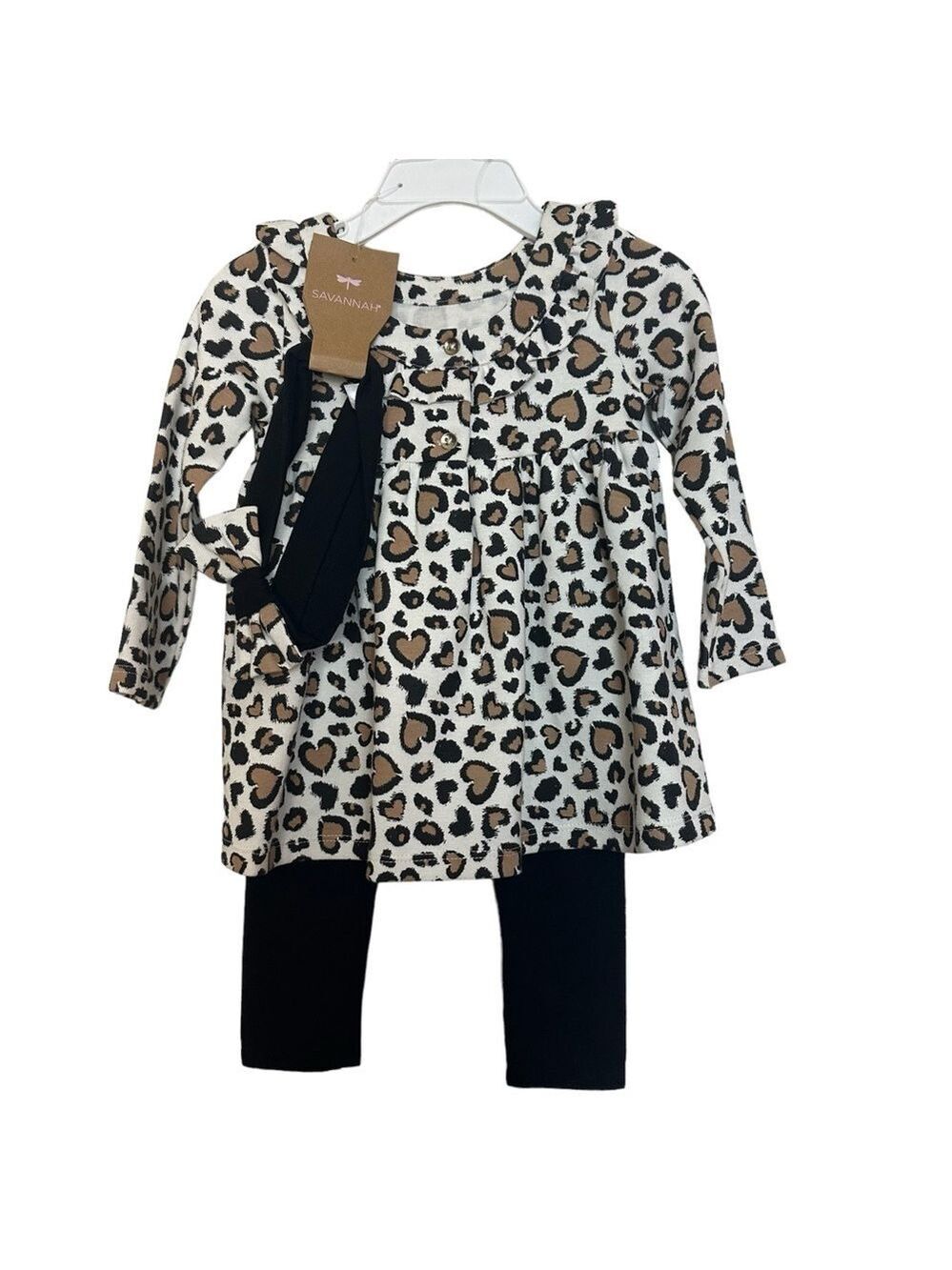 Savannah Baby Girl 3-Piece Leopard Print Set with Dress, Leggings and Headband